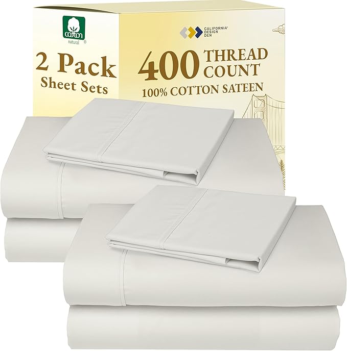 2-Pack Cotton Twin Sheet Sets - 400 Thread Count 100% Cotton Sateen - Extra Soft, Breathable & Cooling Sheets, Wrinkle Resistant, 2 Sets of Deep Pocket Bed Sheets - Ivory (Pale Tone)