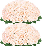 BLEUM CADE 50 Pcs Champagne Roses Artificial Flowers, Real Touch Velvet Roses Fake Flowers Bulk, Artificial Roses Bouquet with Long Stems Bridal DIY Wedding Party Centerpiece Decorations