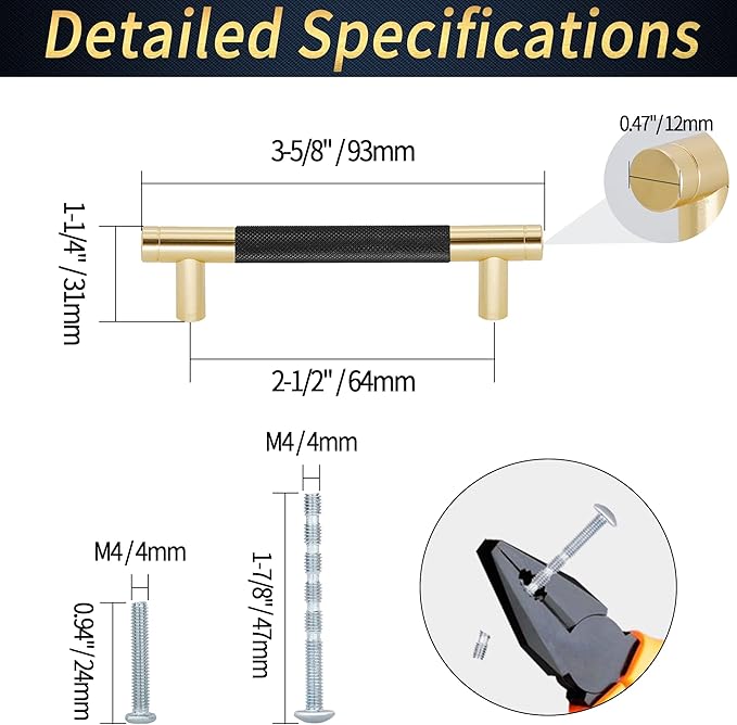 Knurled Cabinet Pulls 2 Pack, 3.5 Inch Long Cabinet Handles Metal Door Pulls, Kitchen Drawer Pull Knurled Dresser Handles - 2 1/2" Hole to Hole, Black & Gold