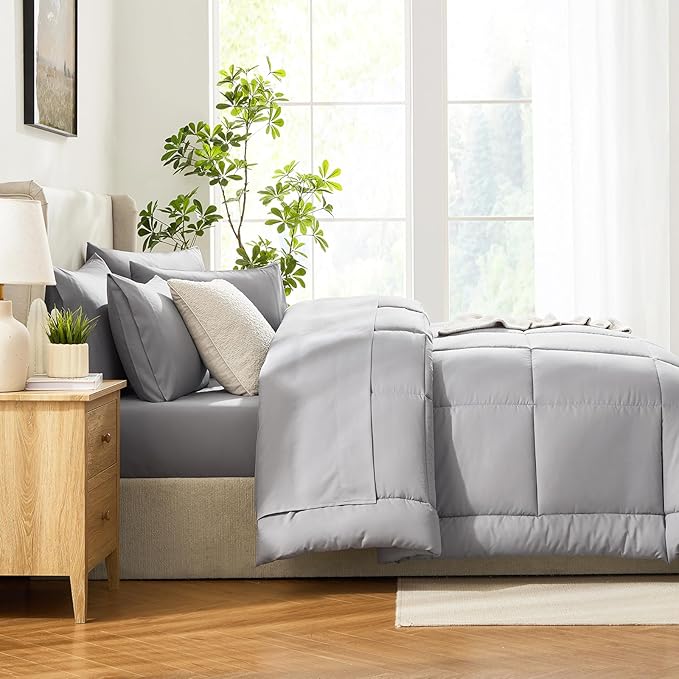 CozyLux Full Size Comforter Sets Grey, 7 Pieces Bed in a Bag, Gray Comforter Full Size, All Season Bedding Sets with Stitch Quilted Comforter, Flat Sheet, Fitted Sheet, Pillowcases