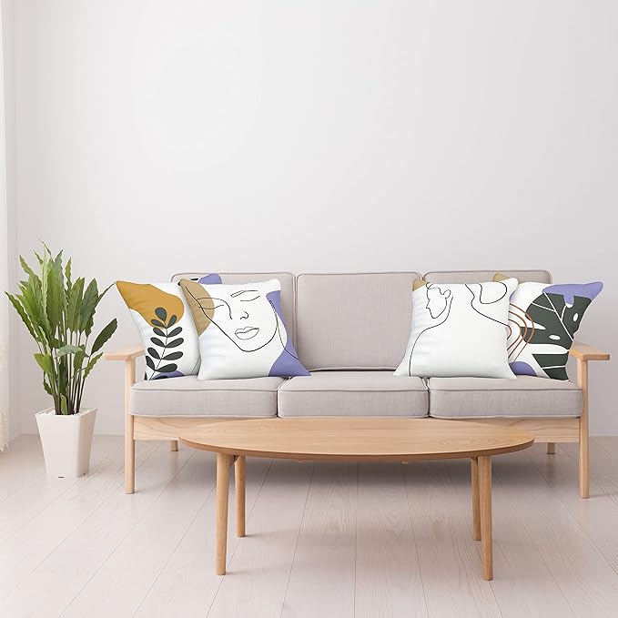 Ambesonne Minimal Throw Pillow Cushion Case Pack of 4, Modern Line Art Woman Portrait with Contemporary Leafy Geometric Details, Modern Accent Double-Sided Digital Printing, 16", Tan Amber Lavender