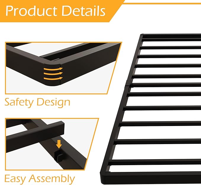 Twin Box Spring 2 Inch Low Profile, Heavy Duty Metal Box Spring Bed Base Bunkie Board, Mattress Foundation, Easy Assembly, Noise Free, Black