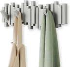 Umbra Sticks Wall-Mounted Coat Rack Rail Hook with 5 Retractable Pegs – Modern, Space-Saving Storage Organizer, Grey