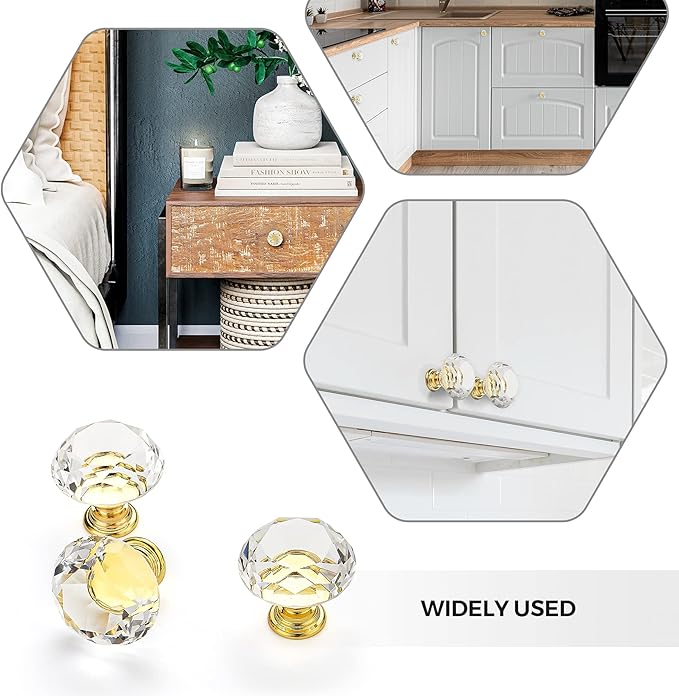 Ravinte 20 Pack Crystal Drawer Knobs - Glass Cabinet Knobs, Diamond Shaped, 30 mm with Gold Base