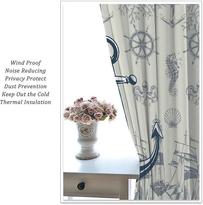 Nautical Anchor Curtains, Vintage Sailboat Ocean Coastal Lighthouse Window Drapes, Navy Blue Coral Shell Seahorse Beach Print Blackout Window Treatments for Living Room Bedroom 84x84in