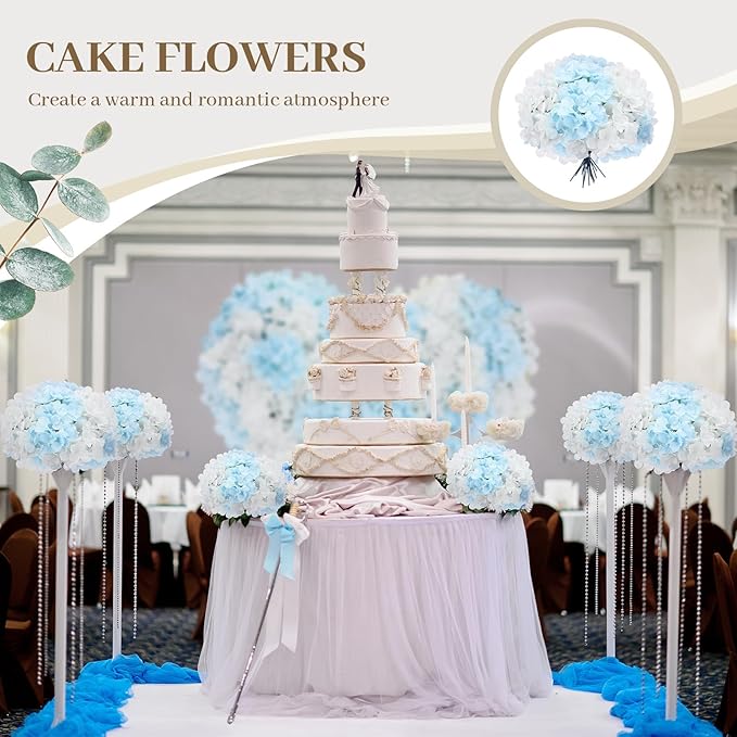 Zeyune 200 Pcs Hydrangea Artificial Flowers, Silk Flower Heads with Stems, Fake Hydrangea Bouquet for Wedding Arch Centerpiece DIY Floral Home Decoration (White and Blue)