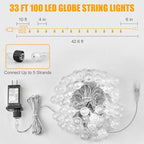Minetom Globe String Lights - Plug in 33 ft 100 LED Crystal Globe Fairy Lights with 8 Lighting Modes and Remote for Patio Yard Porch Garden Pool Tent Beach Bedroom Wedding Party Decor, Warm White