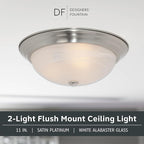 DESIGNERS FOUNTAIN Reedley 2-Lights Flush Mount Ceiling Light, 11 Inch Lighting Fixture for Kitchen, Bedroom, Bathroom, and Hallway, White Alabaster Glass, Satin Platinum, 1257S-SP-AL