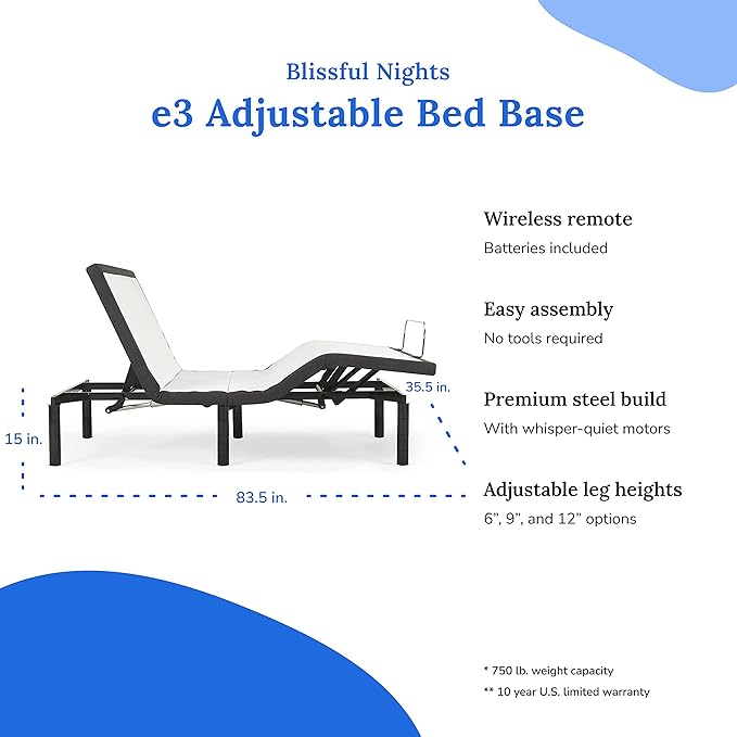 Blissful Nights e3 Cal King Split Adjustable Bed Base Frame with 10" Medium Firm Gel Infused Memory Foam Mattress