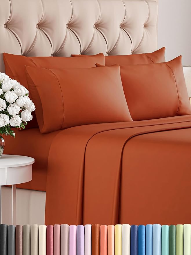 King 6 Piece Sheet Set - Comfy Breathable & Cooling - Ultra-Soft Hotel Luxury Bedding Set with 8-16 Inch Deep Pockets - 1 Flat & 1 Fitted Sheet & 4 Pillowcases - Wrinkle Free & Easy Care - Terracotta