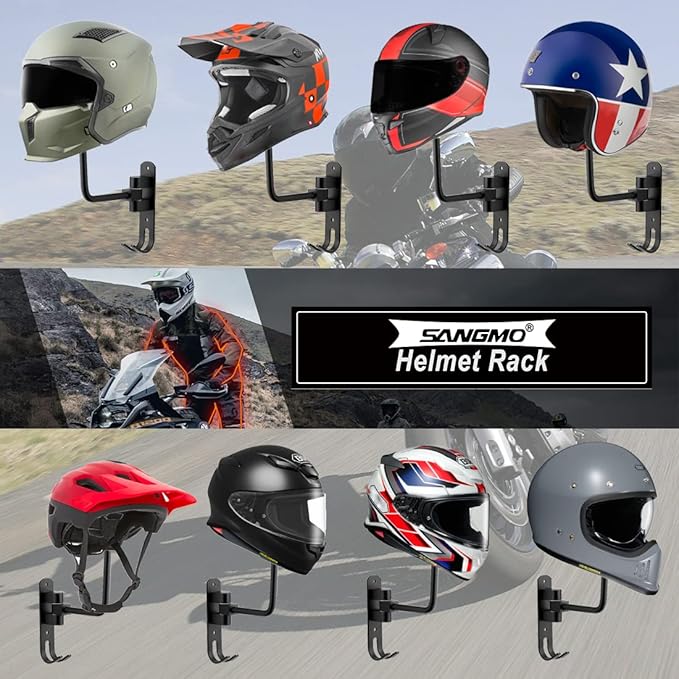 SANGMO 180°Motorcycle Helmet Rack, Rotation Metal Helmet Holder Wall Mounted Helmet Rack Motorcycle with 2 Hooks Helmet Hanger for Motorcycle Bike Coats, Caps, Baseballs, Rugby Helmet (1 pcs)
