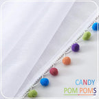 Treatmentex White Sheer Curtains Multi Colorful Pom Pom Sheer Drapes 63" inches Long Window Draperies for Nursery Room Bed Canopy 2 Panels Rod Pocket