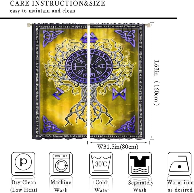 Viking Blackout Curtains Scandinavian Pirate Totem Mythology Golden Tree of Life Printed Curtain Bedroom and Living Room Decoration Blackout Curtains W63 * L63 Inch