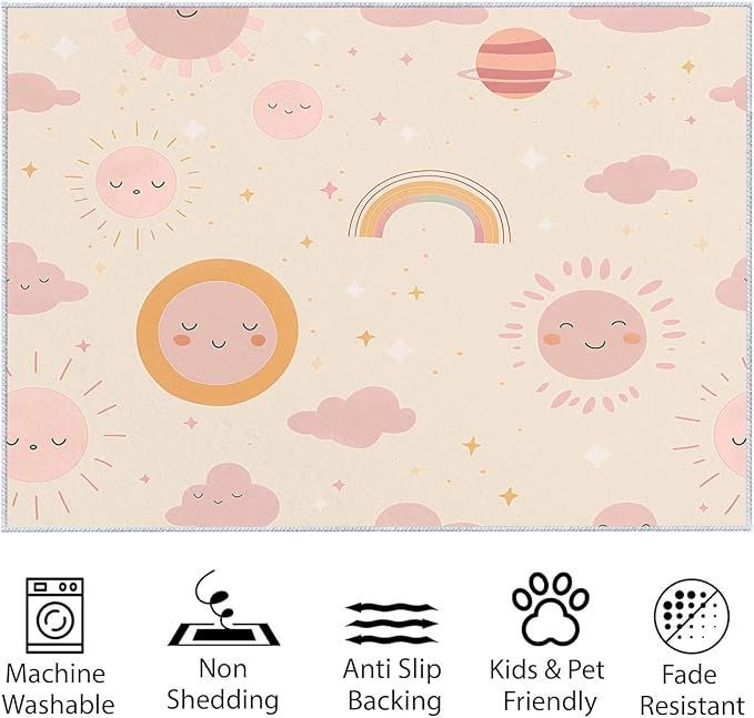 Living Room Area Rug 5x8 ft Cartoon Sun Rainbow Washable Non-Slip Area Rug, 3D Print Low-Pile Carpet for Bedroom, Kids Room, Nursery, Home Decor Rugs