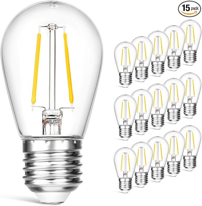 15 Pack Dimmable Shatterproof S14 LED Replacement Outdoor String Light Bulbs, 2700K 2W Plastic LED E26 Medium Screw Base Edison Bulbs Equivalent to 11-25 watt