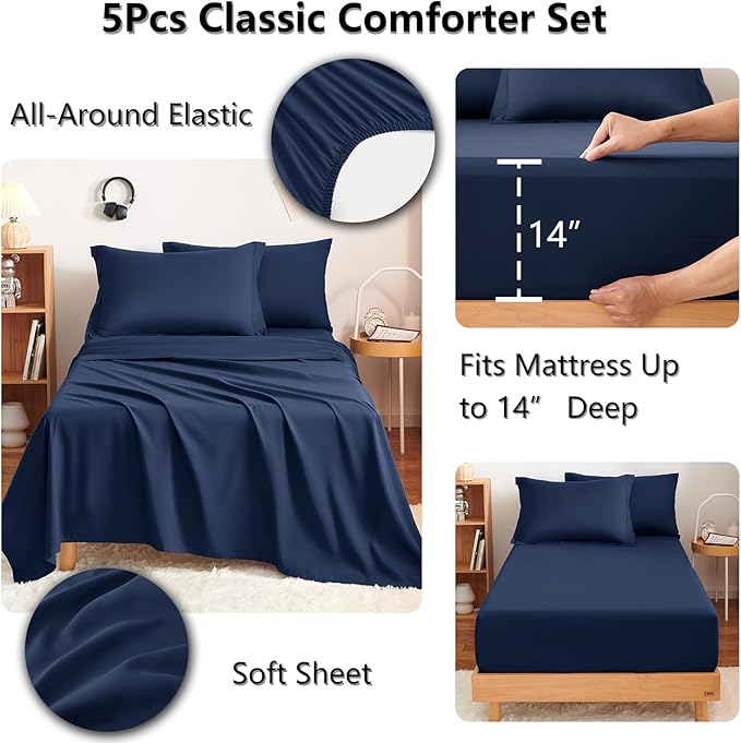 CozyLux Twin XL Comforter Set Navy Blue - 5 Pieces Twin Extra Long Bed in a Bag for College Dorm, All Season Bedding Set for Girls and Boys, Soft Bed Set with Comforter, Sheets, Pillowcase & Sham