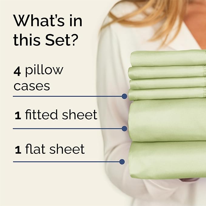 Queen Sheets Set 6 Piece - Bed Sheets Queen Size - Soft Hotel Luxury Bedding - Cooling, Comfy & Breathable - 1 Flat & 1 Fitted and 4 Pillowcases with Deep Pockets - Wrinkle and Fade Free - Light Sage
