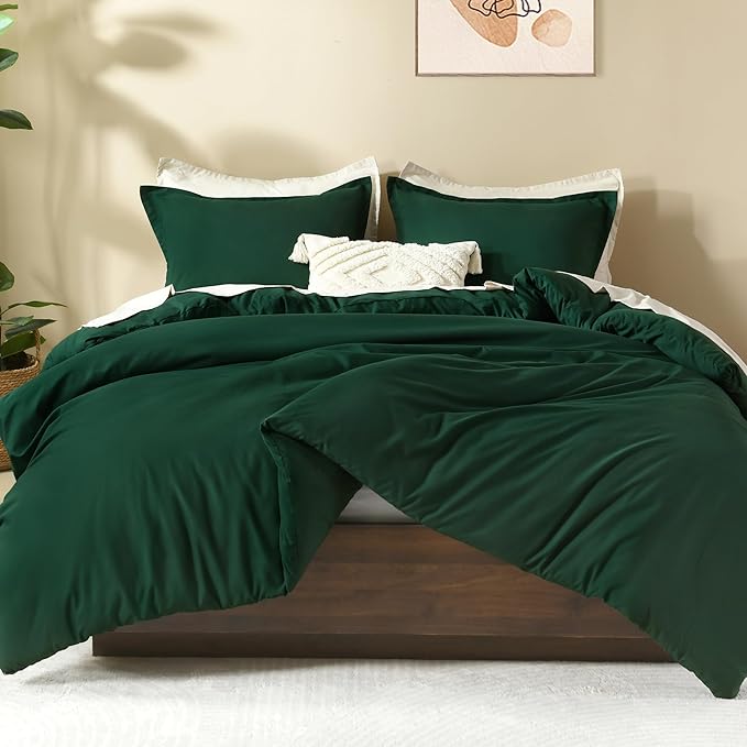 Litanika Dark Emerald Green Queen Comforter Set, 3 Pieces Solid Forest Bedding Set, All Season Fluffy Bed Set (90x90In Comforter & 2 Pillowcases)