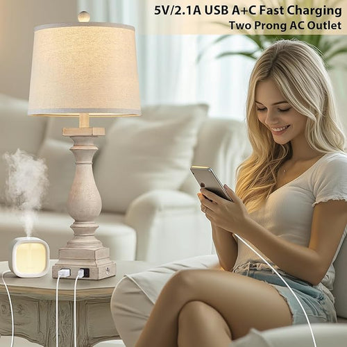 28" Tall Farmhouse Table Lamps Set of 2 with USB C+A Ports and AC Outlet, 3 Way Touch Control Rustic Bedside Lamp for Bedroom, Beige Vintage Nightstand Lamp for Living Room Office