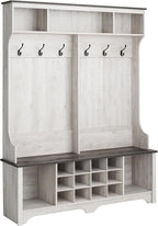 Prepac Farmhouse Washed White Hall Tree, Shoe Cabinet, Storage Cabinet with 12 Shoe Cubbies, 2 Boot Cubbies and 6 Double Coat Hooks 15.5" D x 60" W x 77" H