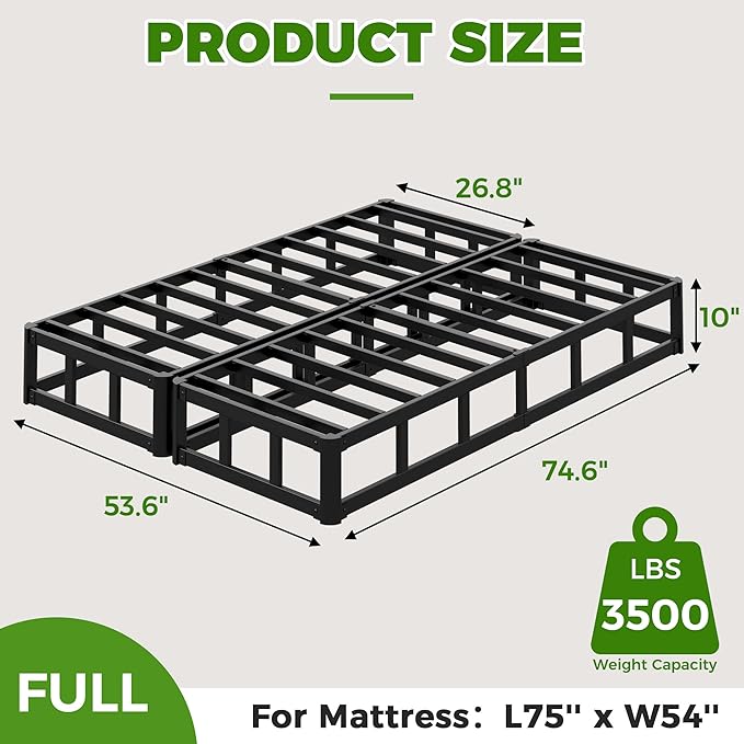 EMODA 10 Inch Split Full Size Box Spring Bed Base, 2 Piece Heavy Duty Metal Full Box Spring with Fabric Cover, Easy Assembly, Black