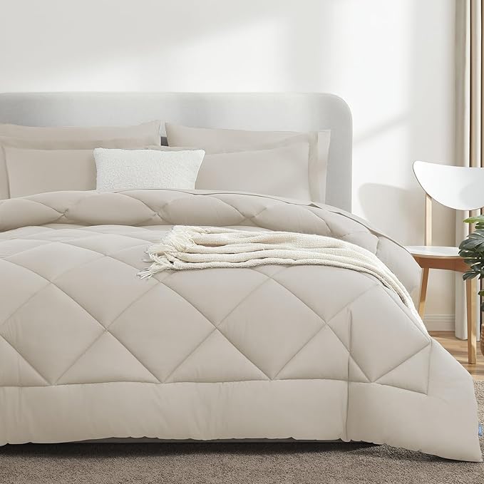 CozyLux Oversized King Comforter Set Beige - 7 Pieces Bed in a Bag Comforter Set with Sheets, Luxury Soft Bed Set All Seasons, Bedding Set with Down Alternative Comforter, Sheets, Pillowcases & Shams
