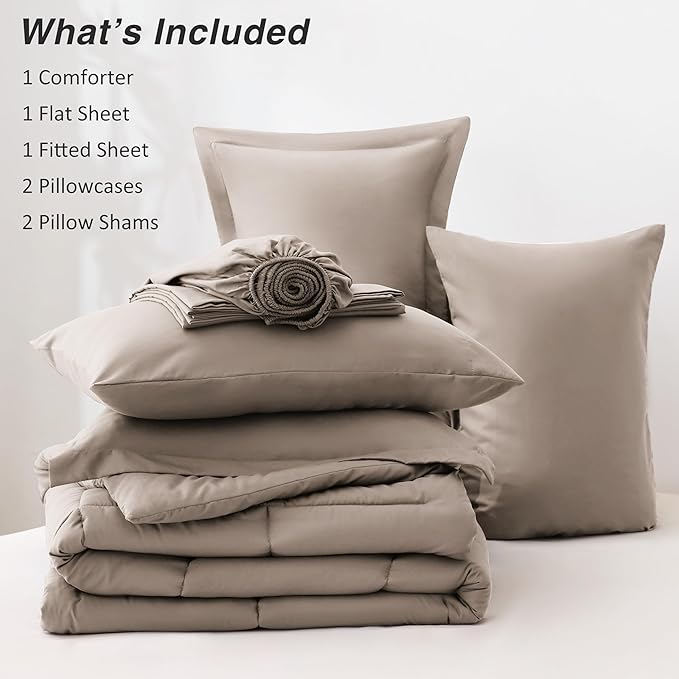 Love's cabin California King Comforter Set Light Brown, 7 Pieces California King Bed in a Bag, All Season Bedding Sets with 1 Comforter, 1 Flat Sheet, 1 Fitted Sheet, 2 Pillowcase and 2 Pillow Sham