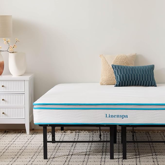 Linenspa 8” Memory Foam and Innerspring Hybrid Mattress + 14” Black Metal Platform Bedframe – Twin XL Mattress + Metal Folding Twin XL Bedframe
