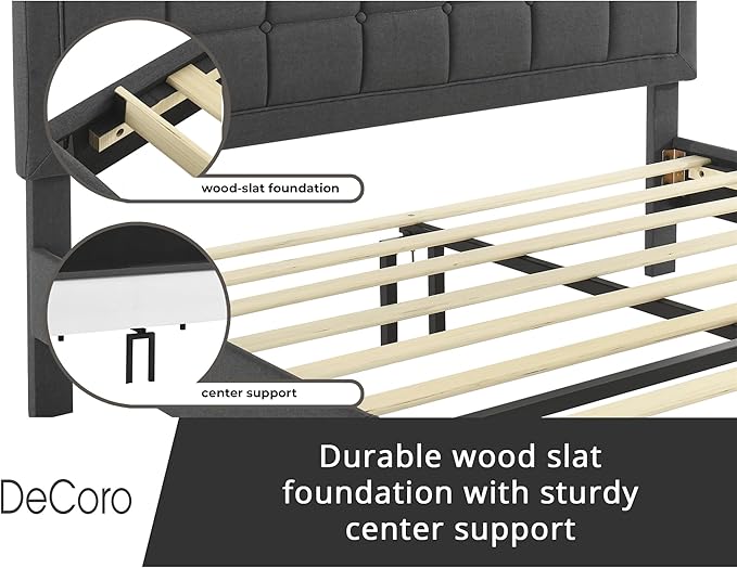 Decoro Mornington Upholstered 2.0 Platform Bed, Button-Tufted Fabric Headboard and Metal Frame with Wood Slat Support, Dark Grey, Full