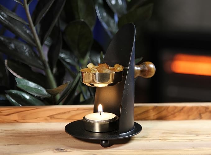 Incense Burner, Black and Gold Incense Holder - Tea Light Candle or Charcoal Resin Heated. for Home Decor, Beautiful Adjustable Design, Spiritual Gifts, Offering Calming Atmosphere