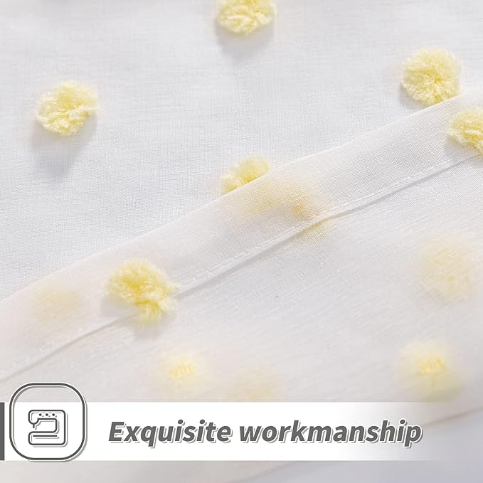 MYSKY HOME Yellow Pom Pom Curtains - 108 Inch Long Large Sheer Mustard Curtains for Living Room - Sliding Door Light Filtering Rod Pocket Window Panels - 52 x 108 inch - 2 Pieces