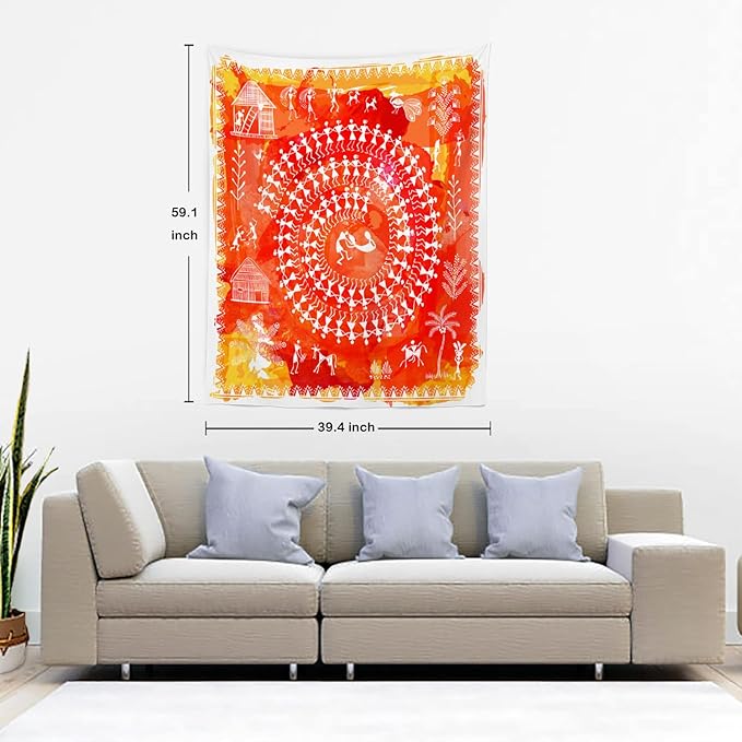 Batmerry Tribal Art Abstract Tapestry, Traditional Ancient Tribal Indian Rural Wall Art Hanging Decoration Polyester Fiber White Ruffled Around for Dorm Room Bedroom Living Room, 59.1x39.4 inches