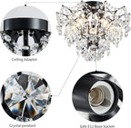 WUZUPS 5-Light Crystal Chandelier Flushmount Ceiling Light Modern Lighting Fixture for Bedroom Hallway Bar Kitchen Bathroom, H 12" W 15.4", E12 Base, Black
