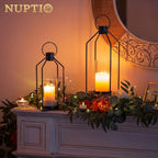 Nuptio Decorative Lantern Candle Holder: 2 Pcs Glass Hurricane Pillar Candles Holders Rustic Black Metal Hanging Lanterns Decor for Outdoor Wedding Farmhouse Home Fireplace Christmas Halloween