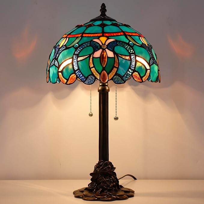 Tiffany Stained Glass Table Lamp 12X12X21Inch Resin Base Desk Bedroom Living Room Reading Light (Brown Jewelry Baroque)