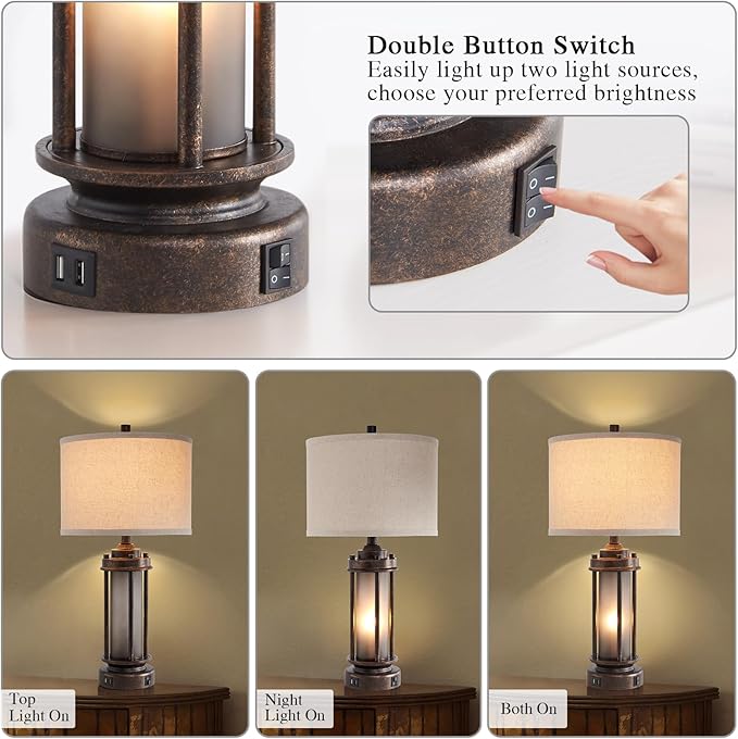 25'' Farmhouse Table Lamp with 2 USB Charging Ports, Rustic Vintage Nightstand Lamp with Frosted Glass Nightlight, Retro Desk Lamp for Living Room Bedroom End Table Entryway, 2 Bulbs Included