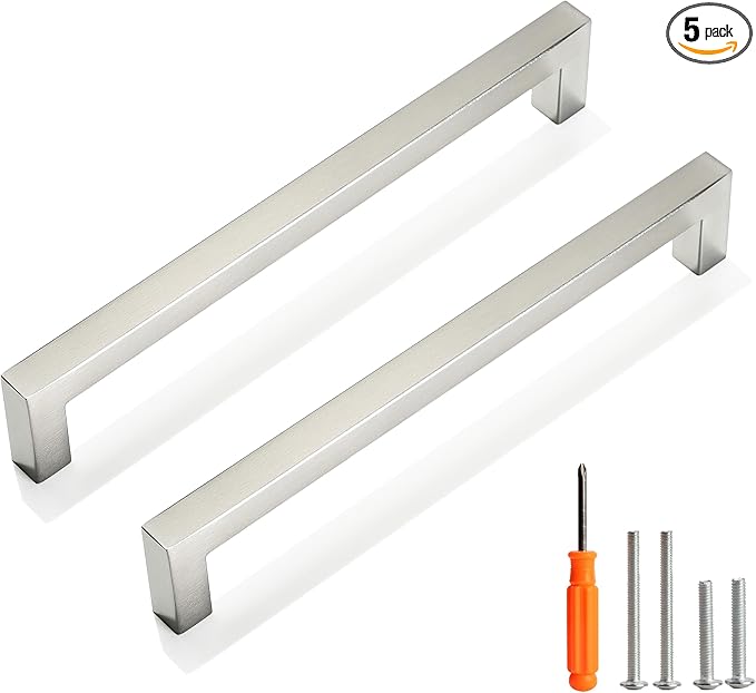 Cabinet Pulls Brushed Nickel Cabinet Handles Square Drawer Pulls, 5 Pack 7-1/2 Inch Stainless Steel Kitchen Door Cupboard Cabinet Handles, Cabinet Hardware Drawer Handles, 192mm Hole Centers