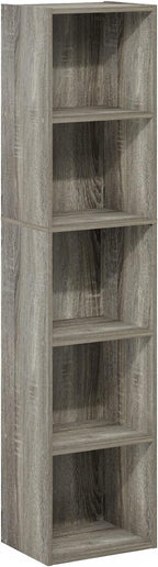 Furinno PASIR Book Shelf, 5-Tier Modern Bookshelf, Open Shelves Bookcase 9" x 12" x 52", for Living Room, Bedroom, Home Office, French Oak