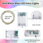 Christmas Fairy Lights Decorations, 4-Pack Red White and Blue Battery Operated Lights with Timer, Waterproof 16FT 50 LED String Light Indoor Outdoor for Xmas Tree Party Home Memorial Day DIY Decor