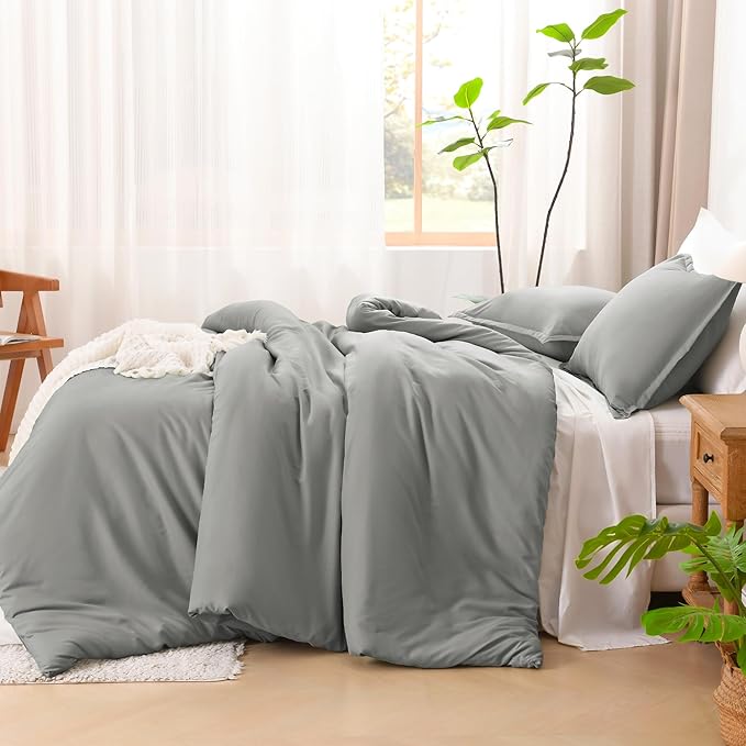 Litanika Comforters Medium Gray Oversized Queen Size, 3 Pieces Lightweight Solid Bedding Set & Collections, All Season Fluffy Bed Set (98x98In Comforter & 2 Pillowcases)