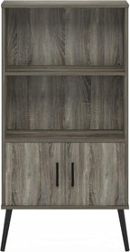 Furinno MIDCENTURY Storage Shelves, Storage Cabinet with Doors and Shelves, Bookshelf with Legs, for Living Room, Home Office, Grey Oak