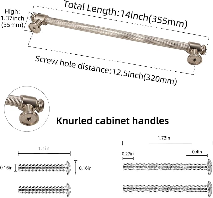 10 Pack 12-3/5 inch(320mm) Brushed Satin Nickel Kitchen Cabinet Handles Knurled Cabinet Pulls Silver Drawer Pulls Kitchen Cabinet Hardware Handles