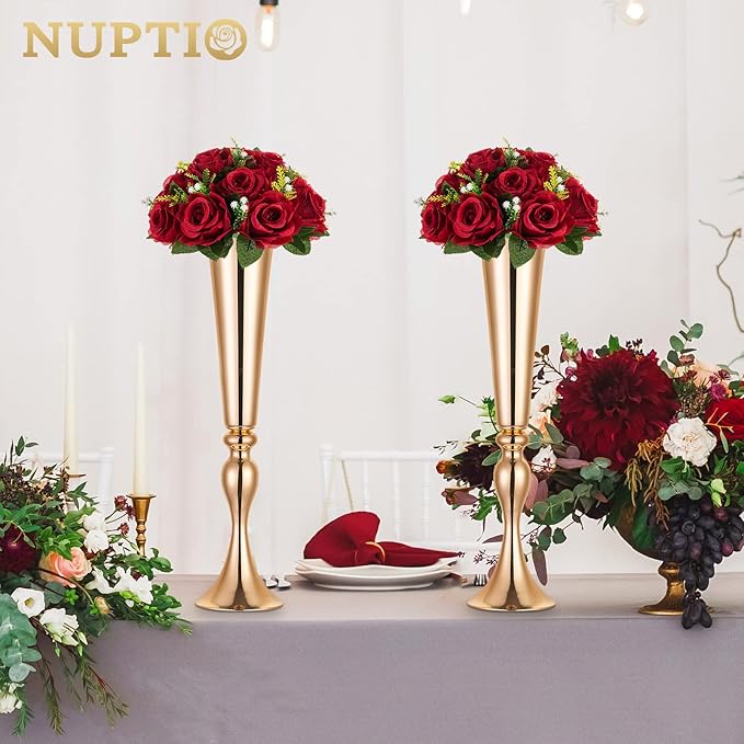 NUPTIO Flower Wedding Centrepieces for Tables - 2 Pcs 9.5in Diameter Crimson Artificial Flowers Rose Ball for Centerpieces Table - Fake Rose Arrangements for Weddings Birthday Party Decor