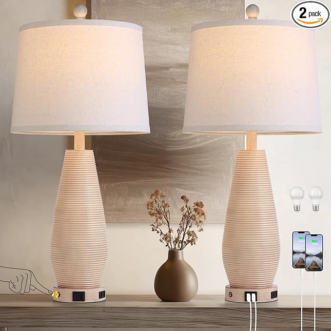 Farmhouse Table Lamps Set of 2 with USB C+A Ports and AC Outlet, 3 Way Touch Rustic Bedside Lamps for Living Room, 26.5" Cream Vintage Lamps for Bedroom Nightstand