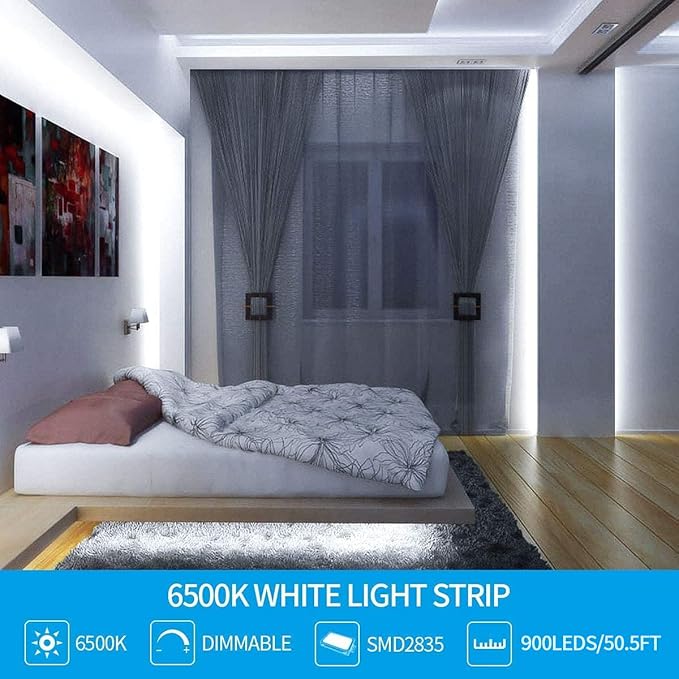 Led Strip Lights 50.5ft White Dimmable Led Light Strip Flexible Rope Lights Kits with 24v Etl Power Supply, Adhesive Clips, Dimmer Switch and Connectors for Indoor Decor