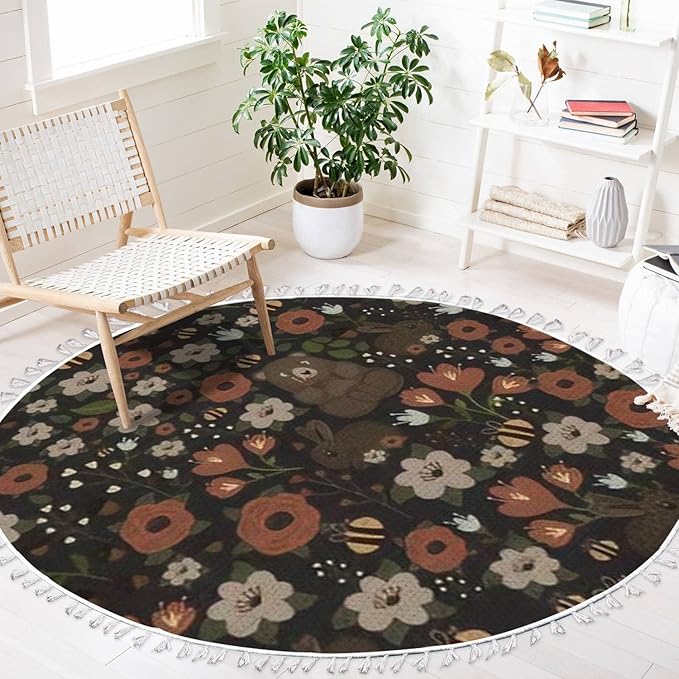 Round Rugs Bear Forest Bunny Rabbit Furry Animals Watercolor Flowers Scandinavian Boho Area Rug Linen and Cotton Carpet Meditation Rug Washable Hallway Runner Mat Accent Rug for Bedroom Bathroom 4ft