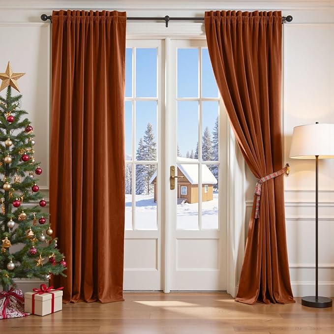 Lazzzy Velvet Blackout Curtains Thermal Insulated Room Window Drapes Super Soft Luxury Curtains for Living Room Bedroom Rod Pocket 2 Panels, Burnt Orange, 52" W x 84" L