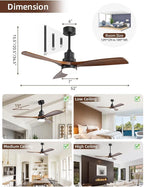 Sofucor 52 Inch Smart Ceiling Fans with Lights and Alexa/Google Assistant/APP/Remote Control-Modern Solid Wood Outdoor Walnut 3 Blades Ceiling Fan for Bedroom Living Room Farmhouse Patio, Brown Black