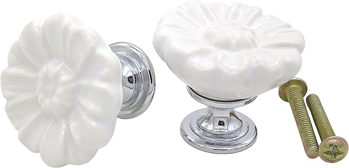 6PCS Vintage Floral Daisy Ceramic Dresser Drawer Knobs Elegant Cabinet Cupboard Door Hardware Pull Handles w/Screws White