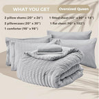 HYMOKEGE Light Grey Oversized Queen Comforter Set Seersucker 7 Pieces, All Season Luxury Bed in a Bag for Bedroom, Bedding Set with Comforter, Sheets, Pillowcases & Shams